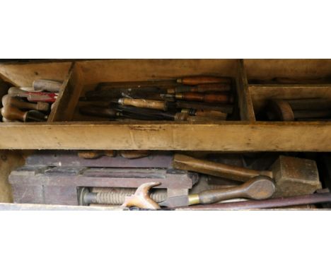 A pine chest filled with carpentry and joinery tools 92cm wide x 33cm high x 43cm depth