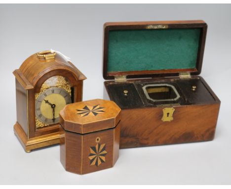 A walnut mantel clock, a Georgian inlaid mahogany tea caddy and a 19th century mahogany tea caddy (3) Tea caddy 12cm high