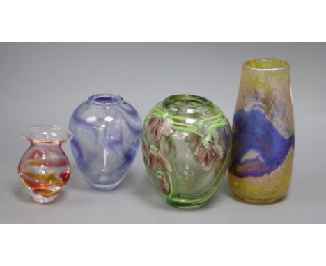 A Siddy Langley iridescent glass vase and 3 other studio glass vases Tallest 18cm high