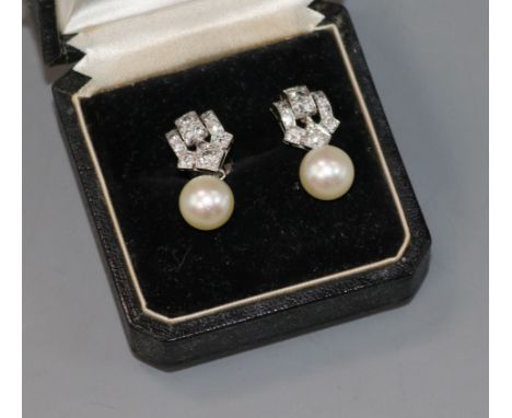 A pair of mid 20th century white metal, diamond and cultured pearl set drop earrings, 24mm.