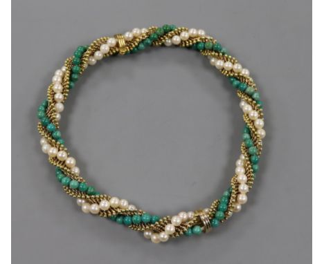 A 1960's 18ct gold, turquoise? and cultured pearl bead choker necklace which can be adapted to wear as two bracelets, approx.
