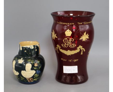 Herbert Goode, A 1937 ruby glass Coronation commemorative vase and a Torquay ware commemorative jug Vase 24cm high