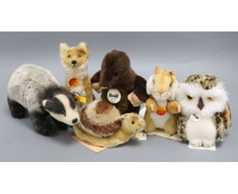 Five Steiff yellow tag toys: Fuchs (fox), Suggy Snail, Dachs (badger), Goldie Hamster and Diggy Manlwurf Mole and a Steiff Ow