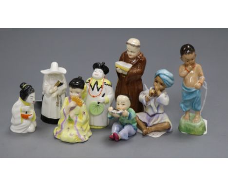 Four Royal Worcester candle snuffers and four Doughty Royal Worcester figures, the candle snuffers including including Abbess