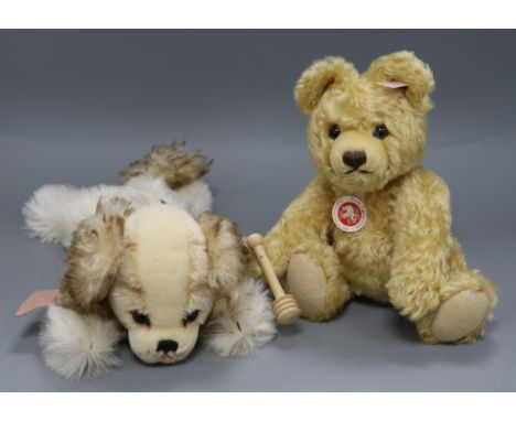 Two Steiff toys: Honey Bear (no pot) and Charley Purse, white tag and bag