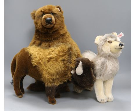 Three Steiff toys: Buffalo, Wolf and Kodiak Bear, Last Frontier, white tag, with bag