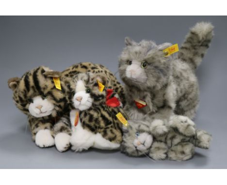 Three Steiff yellow tag toys: Katze 28, Whiskas Cat and Kitten and Snuffi Cat