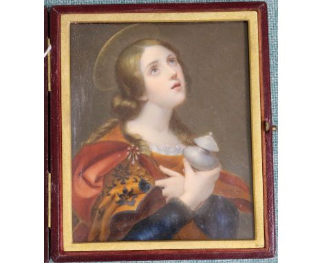A 19th century leather framed miniature portrait of a Saint