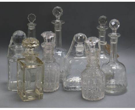 A Georgian etched decanter with stopper, a pair, three matching and three others Tallest 30cm high
