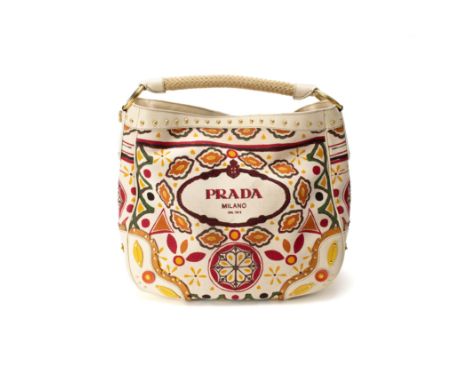 Prada TascheItalien, Leder und Textil, goldene Hardware, innen ein Reißverschlussfach, Höhe ohne Henkel 31 cm, Breite 33 cm, 