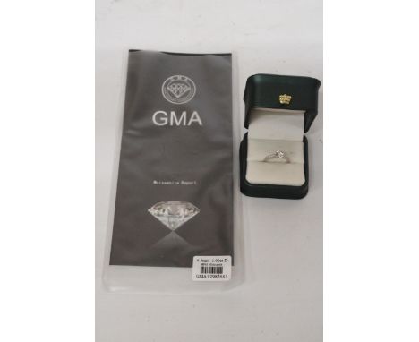 A 925 SILVER SOLITAIRE RING WITH A 1 CARAT MOISSANITE STONE AND MOISSANITE TO THE SHOULDERS SIZE O, WITH RELATED PAPERWORK, B