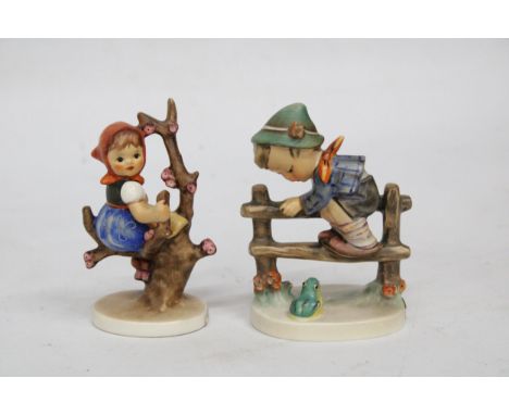 TWO GOEBEL FIGURES, A GIRL IN A TREE AND A BOY ON A FENCE LOOKING AT A FROG 