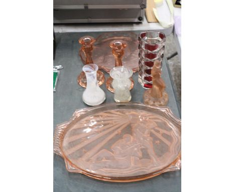 TWO WALTHER &amp; SOHNE 1930'S, PINK GLASS TRAYS TO INCLUDE PIERROT AND PIERRETTE AND GALLEONS, PLUS A SOWERBY GLASS ART DECO