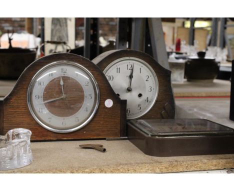 TWO ART DECO WOODEN MANTLE CLOCKS AND ONE WALL CLOCK 