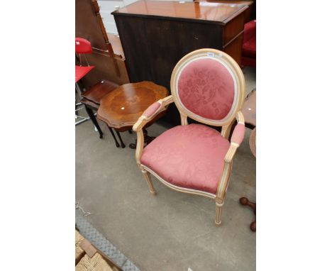 A STUART JONES COLLECTION OPEN ARMCHAIR ON TURNED AND FLUTED LEGS, TRIPOD WINE TABLE AND NEST OF TWO TABLES 