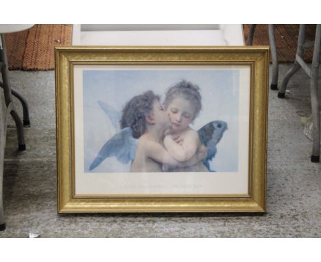 A LARGE GILT FRAMED PRINT, WILLIAM BOUGUEREAU, 'THE FIRST KISS' 