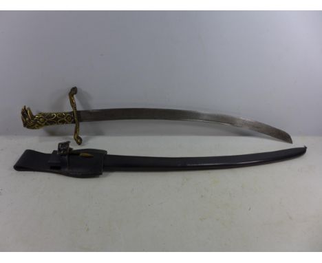 A BRITISH HUNTING SWORD AND SCABBARD 62CM BLADE STAMPED T. CRAVAN WITH BOARD OF ORDNANCE STAMP WITH BROAD ARROW, SOLID BRASS 
