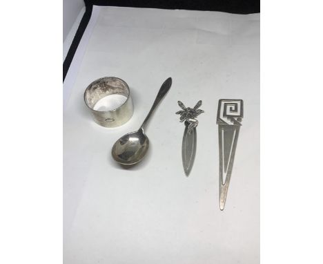 FOUR MARKED SILVER ITEMS TO INCLUDE TWO BOOK MARKS ON DECO, ONE FAIRY, A SPOON AND A THE BROOKLYN FELIXSTOWE NAPKIN RING 