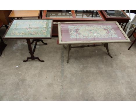 A TWIN-PEDESTAL COFFEE TABLE WITH WOOLWORK TOP UNDER GLASS AND SIMILAR FIRESCREEN/TABLE 