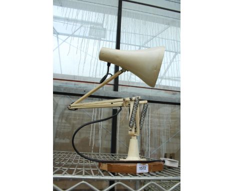 A VINTAGE AND RETRO CREAM ANGLE POISE LAMP WITH WOODEN BASE 
