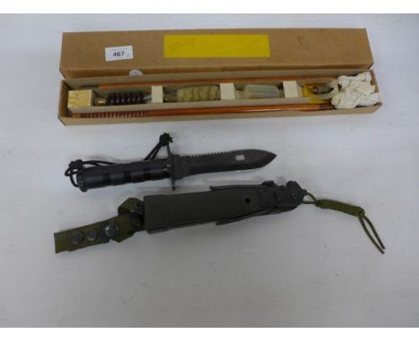 A KANTAS SURVIVAL KNIFE AND SCABBARD, 15CM BLADE, BOXED SHOTGUN CLEANING SET (2) 
