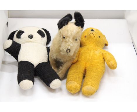 THREE RARE VINTAGE TEDDIES TO INCLUDE A BEAR, PANDA AND DOG 