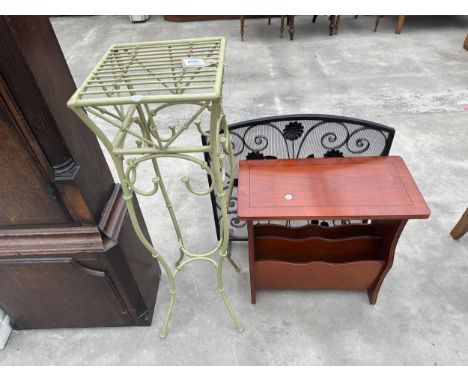 A METALWARE JARDINIER STAND, WROUGHT IRON FIRESCREEN AND A MAGAZINE RACK/TABLE 