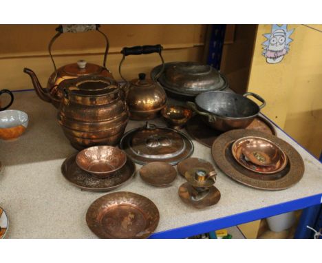 A LARGE QUANTITY OF COPPERWARE TO INCLUDE TEAPOTS, TEA CADDY, CANDLEHOLDERS, ASHTRAYS, ETC., 