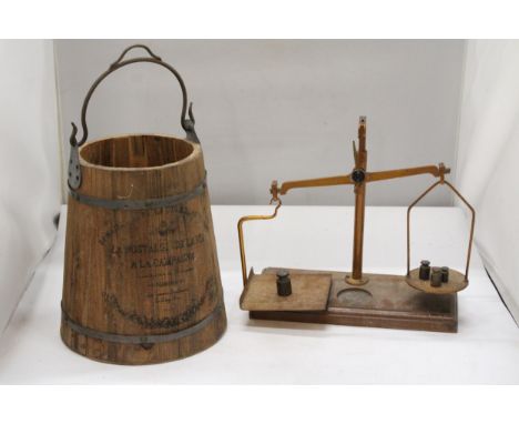 A 19TH CENTURY BRASS BOUND BUCKET AND A VINTAGE PRECISION SCALE WITH WEIGHTS 