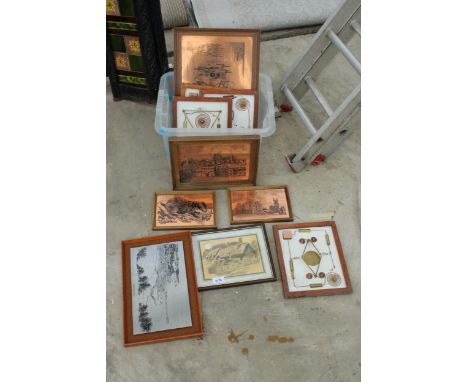 AN ASSORTMENT OF FRAMED COPPER ETCHINGS AND ABSTRACT IMAGES ETC 