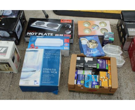 AN ASSORTMENT OF ITEMS TO INCLUDE A HOT PLATE, WOK AND LIGHT FITTINGS ETC 