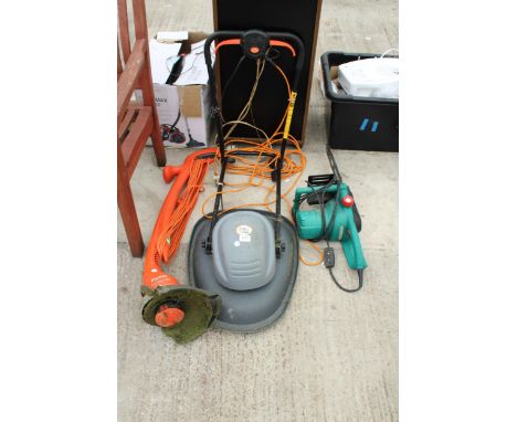 THREE ELECTRIC GARDEN TOOLS TO INCLUIDE A FLYMO GRASS STRIMMER AND A BOSCH CHAINSAW ETC 