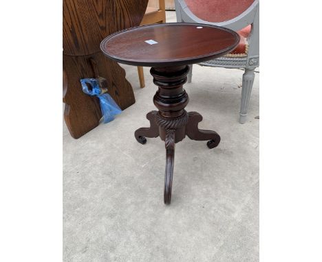A TRIPOD TABLE, 14.5" DIAMETER ON VICTORIAN BASE WITH LATER TOP 