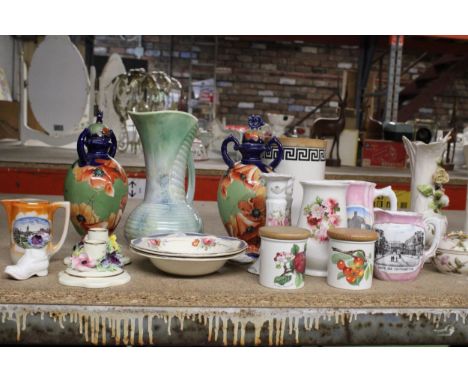A MIXED LOT OF COLLECTABLES TO INCLUDE A PAIR OF PORTMEIRION STORAGE JARS, A PAIR OF FORAL - BONE CHINA CANDLE STICKS, A COLL
