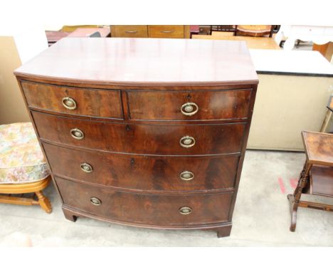 A 19TH CENTURY MAHOGANY BOW-FRONTED CHEST OF TWO SHORT AND THREE LONG DRAWERS ON BRACKET FEET, 41.5" WIDE 