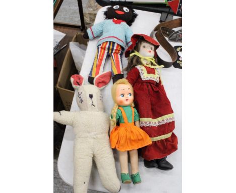 A VINTAGE SOFT TOY RABBIT AND ROBERTSONS TOY, PLUS TWO VINTAGE DOLLS BOTH WITH CLOTH BODIES AND HARD FACES Notice from the th