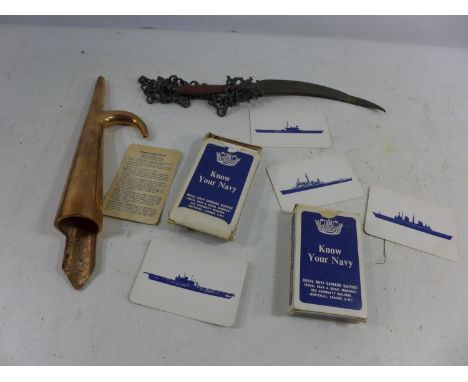 TWO ROYAL NAVY 'KNOW YOUR NAVY' IDENTIFICATION PLAYING CARDS, BOAT HOOK AND A FAR EASTERN DAGGER 
