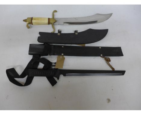 A MACHETE AND SCABBARD, 29CM BLADE, WHITE TAIL CUTLEY KNIFE AND SCABBARD, 32CM BLADE (2) 