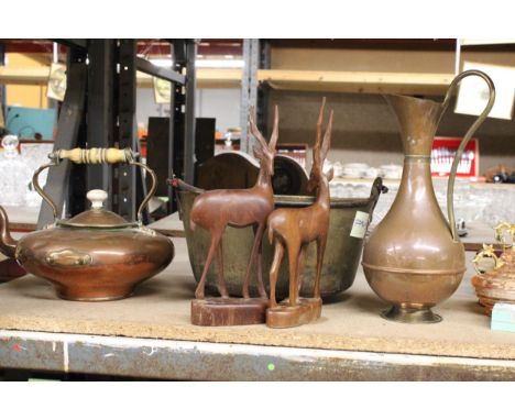 TWO MID CENTURY TEAK ANTELOPE ORNAMENTS TOGETHER WITH A VINTAGE COPPER TEA POT AND PATINA JUG WITH A FURTHER BRASS JAM PAN WI