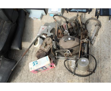 AN ASSORTMENT OF TOOLS TO INCLUDE COMPRESSOR ATTATCHMENTS, A GUILLOTINE AND A BATTERY CHARGER ETC 