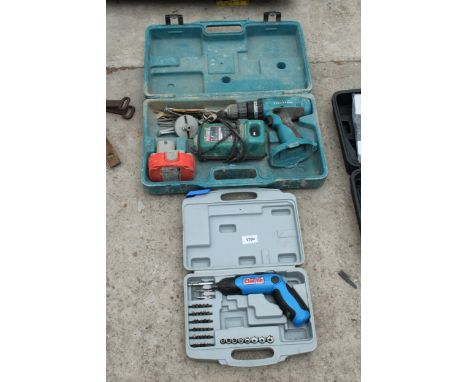 A MAKITA BATTERY DRILL WITH BATTERY AND A FURTHER CLARKE BATTERY POWERED SCREWDRIVER 