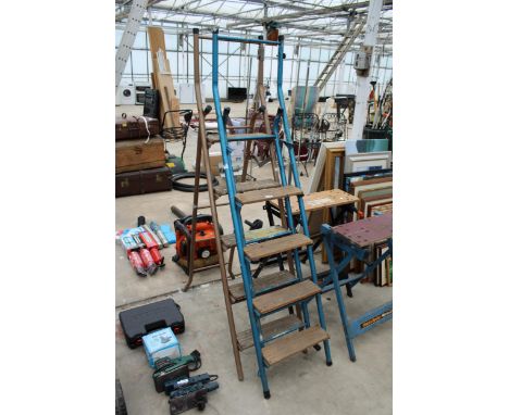 TWO WOODEN AND TUBULAR METAL STEP LADDERS 