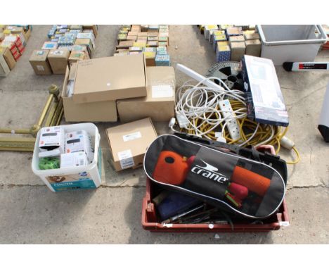 AN ASSORTMENT OF ITEMS TO INCLUDE BIKE PEDALS, TOOLS AND EXTENSION LEADS ETC 