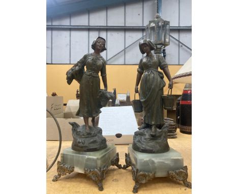 TWO VINTAGE SPELTER MODELS OF GIRLS ON MARBLE BASES, HEIGHT 38CM 