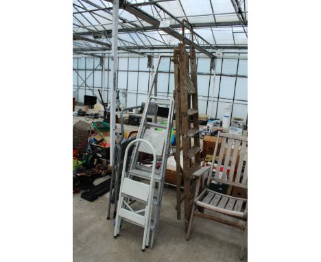 FIVE VARIOUS STEP LADDERS TO INCLUDE TWO ALUMINIUM EXAMPLES ETC 