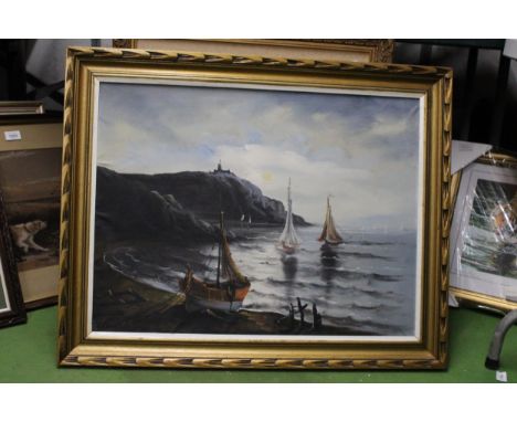 A OIL ON CANVAS OF A COASTAL SCENE TO INCLUDE THREE SAIL BOATS AND LIGHT HOUSE -  INDISTINCT SIGNATURE 