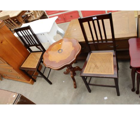 A PAIR OF EDWARDIAN BEDROOM CHAIRS AND A TRIPOD WINE TABLE 