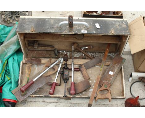 A VINTAGE WOODEN ENGINEERS CHEST WITH AN ASSORTMENT OF TOOLS TO INCLUDE BRACE DRILLS AND AN AXE ETC 