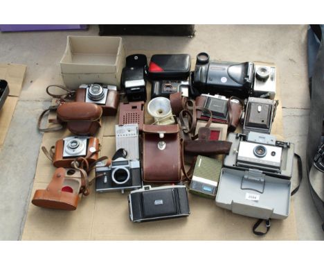 AN ASSORTMENT OF VINTAGE CAMERAS TO INCLUDE A SHARP VIEWCAM, A POLAROID AND AN OLYMPUS WITH FLASH UNIT ETC 