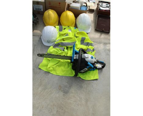 A MACALLISTER PETROL CHAINSAW WITH HI-VIZ JACKETS AND HARD HATS ETC 